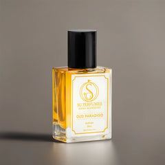 Oud Paradiso Parfum Bottle in glossy grey background