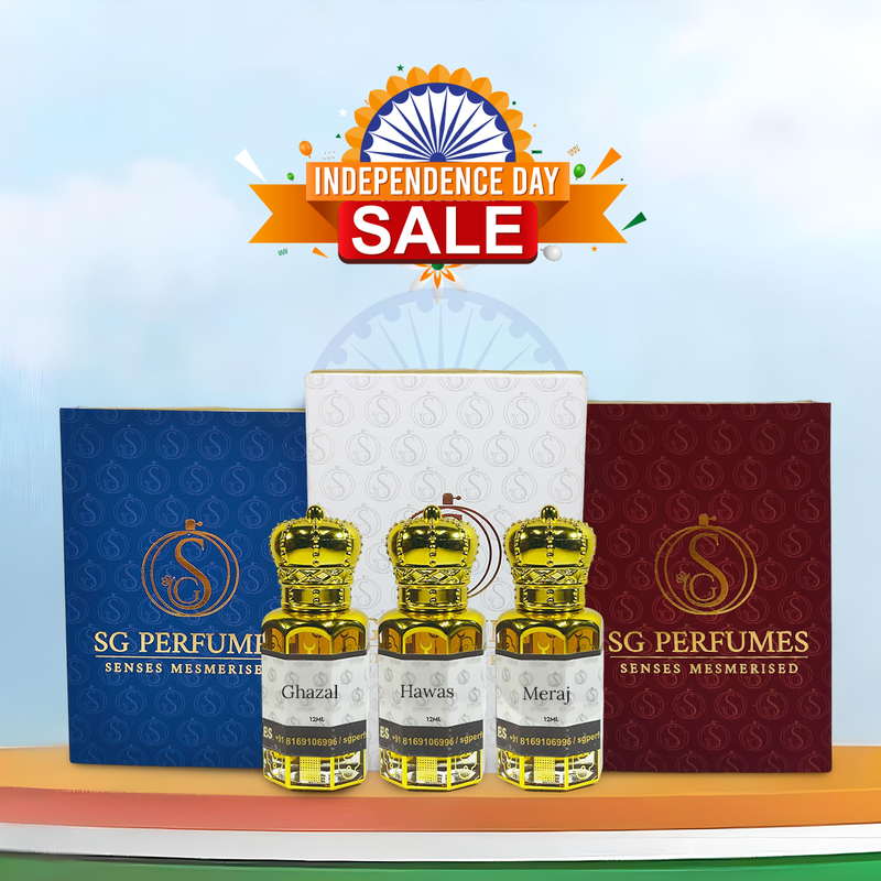 3 pcs Arabic Attar Set Ghazal, Hawas, Meraj 12ml Each