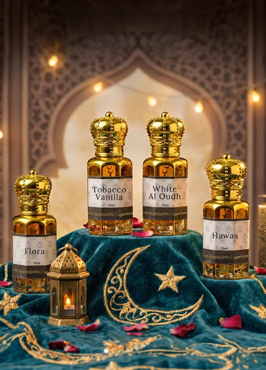 The Essence Collection – Flora, Tobacco Vanilla, White Al Oud & Hawas (4 Premium Attars)
